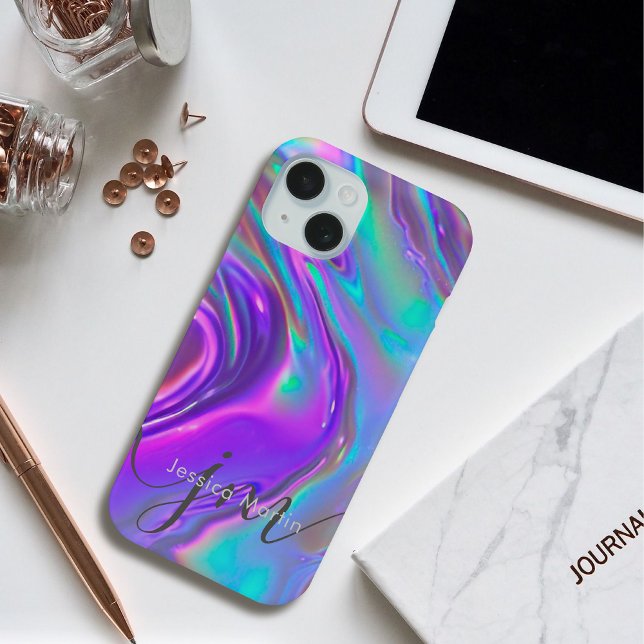 Iridescent Holographic Opal Rainbow Swirl Monogram Case-Mate iPhone Hülle (Von Creator hochgeladen)