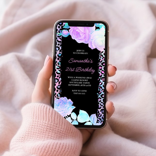Iridescent Leopard Painted Black 21. Geburtstag Einladung (Iridescent Leopard Painted Black 21st Birthday Invitation)