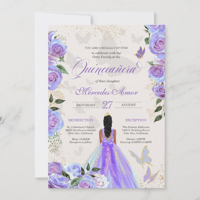 Iridescent Lila Butterfly Mariposa Quinceanera   Einladung (Vorderseite)