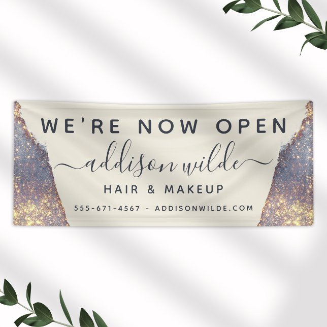 Iridescent Lila Gold Glam Glitzer Salon Eröffnung Banner (Von Creator hochgeladen)