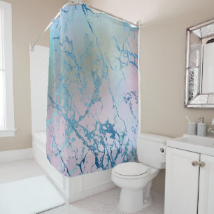 Iridescent Marble   Trendy Imitats Holo Blue Pink Duschvorhang