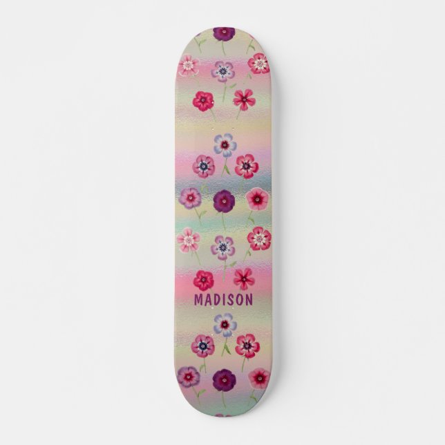 Iridescent Modern Girly Pink Purple Blumen Name Skateboard (Vorne)