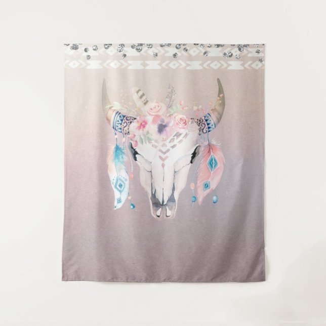 Iridescent Pearl Boho Chic Skull Glam Blumenhörner Wandteppich (Vorderseite)
