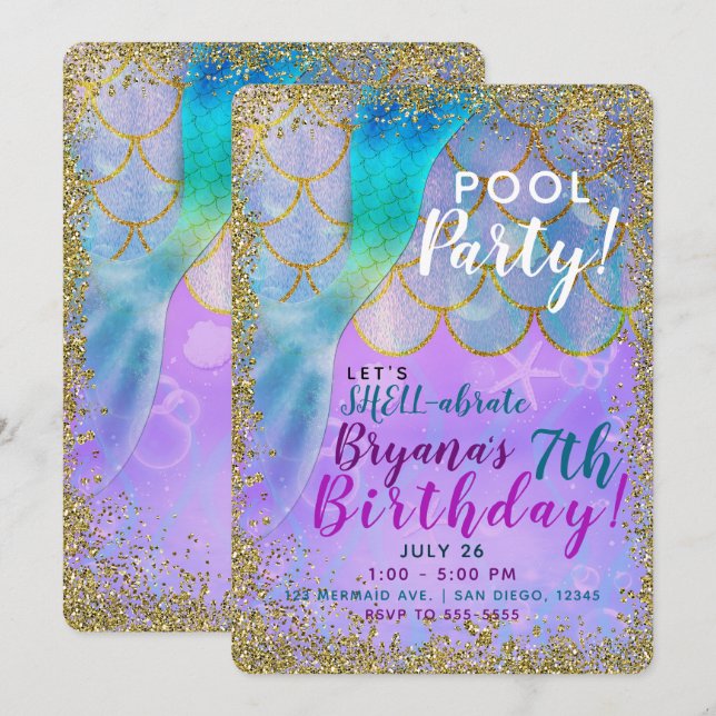 Iridescent Pearl Glitzer Mermaid Birthday Party Einladung (Vorne/Hinten)