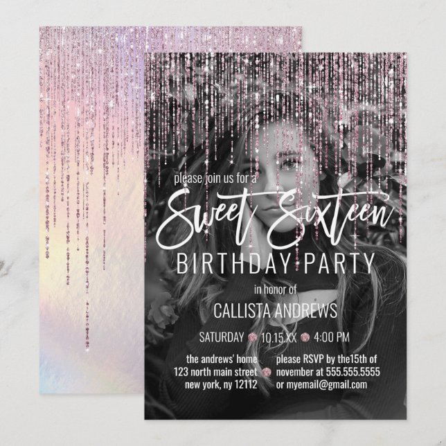 Iridescent Pink Glitzer Fringe Foto Sweet 16 Einladung (Vorne/Hinten)