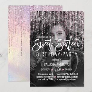 Iridescent Pink Glitzer Fringe Foto Sweet 16 Einladung