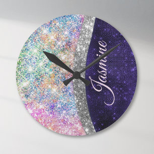 iridescent purple silver faux glitter monogram runde wanduhr