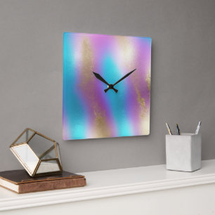 Iridescent Rainbow Glam Quadratische Wanduhr