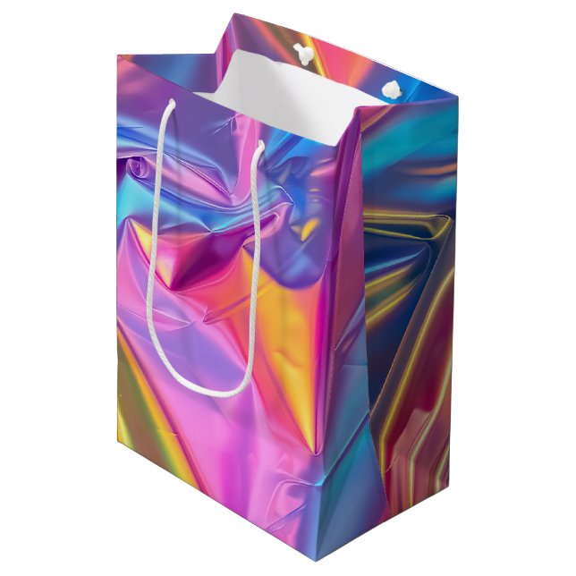 Iridescent Rainbow Metallic Pastel Pink, Aqua Mittlere Geschenktüte (Vorderseite Schrägansicht)