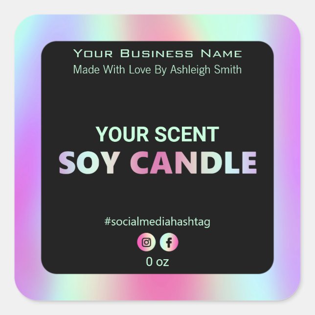Iridescent Rainbow Soy Candle Labels Quadratischer Aufkleber (Vorderseite)