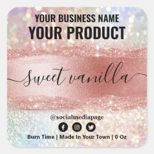 Iridescent Rose Gold Glitzer Soy Candle Labels Quadratischer Aufkleber