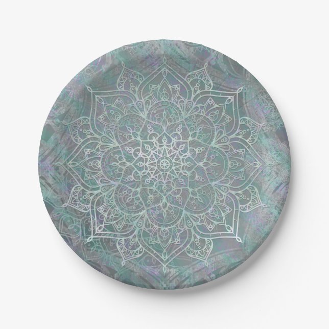 Iridescent Shimmer Mandala Boho Chic Pappteller (Vorderseite)
