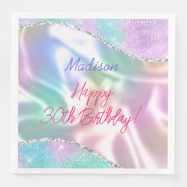 Iridescent Sparkle Happy Birthday & Name, jedes Al Serviette (Vorderseite)