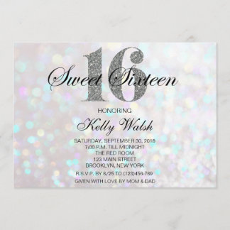 Iridescent Sweet 16 Silver Glitzer Einladung