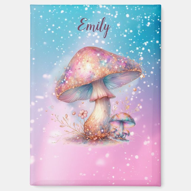 Iridescent verzauberte märchenhafte Pilze Name Magnet (Vorderseite)