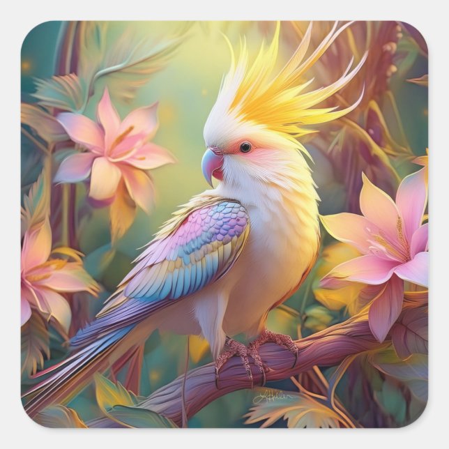 Iridesing Wing Cockatiel Fantasy Bird Quadratischer Aufkleber (Vorderseite)