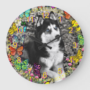 Irie der sibirische Husky in Schmetterlingen II Große Wanduhr