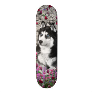 Irie der sibirische Schlittenhund in den Blumen Skateboard