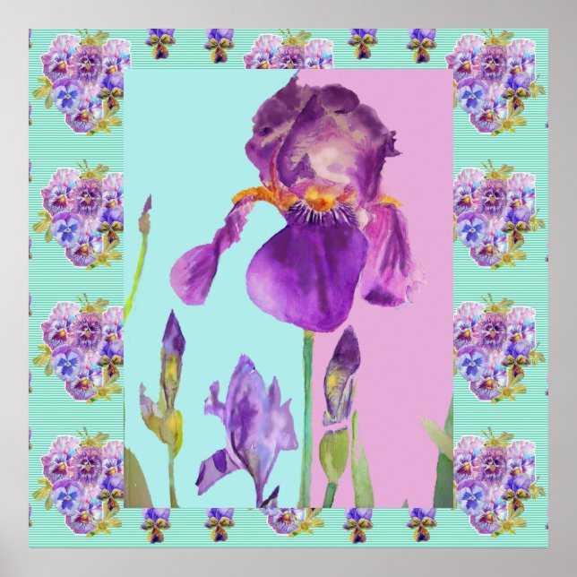 Iris Aquarelle Peinture Fleur Aqua Poster vert (Devant)