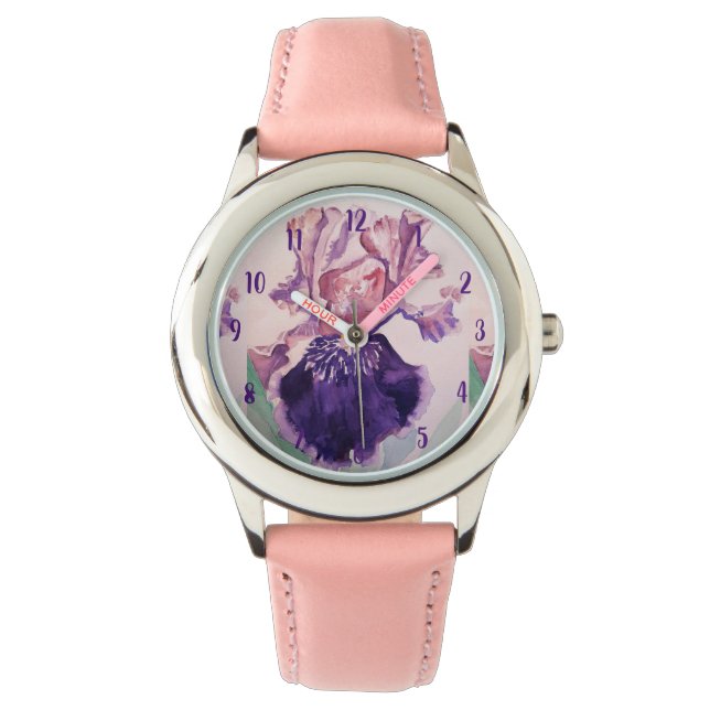 Iris Aquarellmalerei Lila Kunst Blume Floral Armbanduhr (Vorderseite)