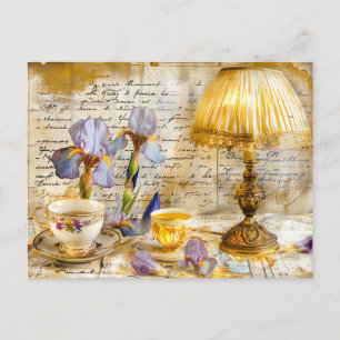 Iris Blooms with Teacup and Vintage Lamp shabby Postkarte