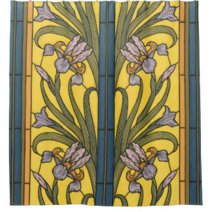 Iris Blume Art Nouveau Glass Blue Gold Duschvorhang