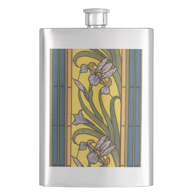 Iris Blume Art Nouveau Glass Blue Gold Flachmann (Vorderseite)