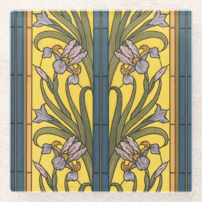 Iris Blume Art Nouveau Glass Blue Gold Glasuntersetzer (Vorderseite)