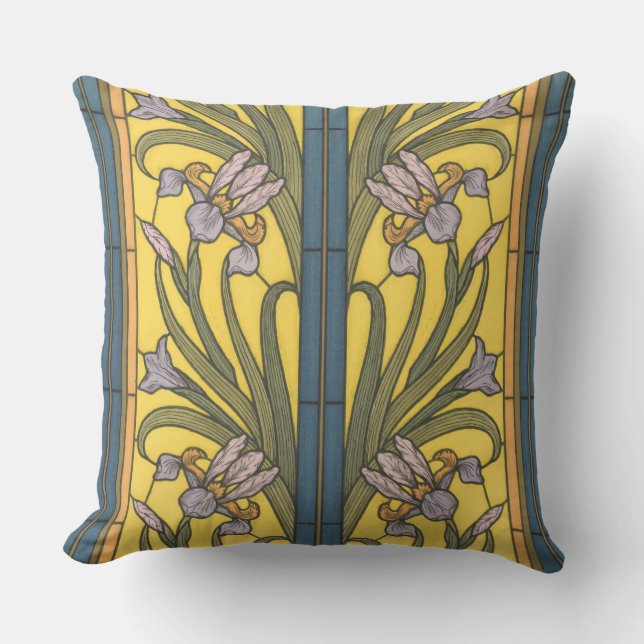 Iris Blume Art Nouveau Glass Blue Gold Kissen (Vorderseite)