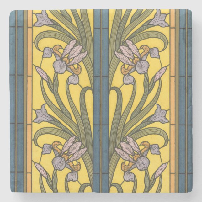 Iris Blume Art Nouveau Glass Blue Gold Steinuntersetzer (Vorderseite)
