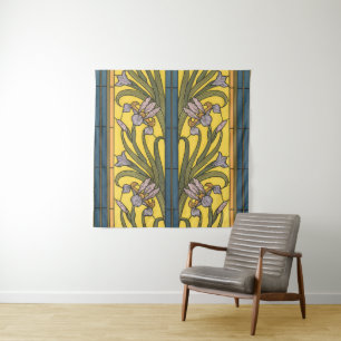 Iris Blume Art Nouveau Glass Blue Gold Wandteppich