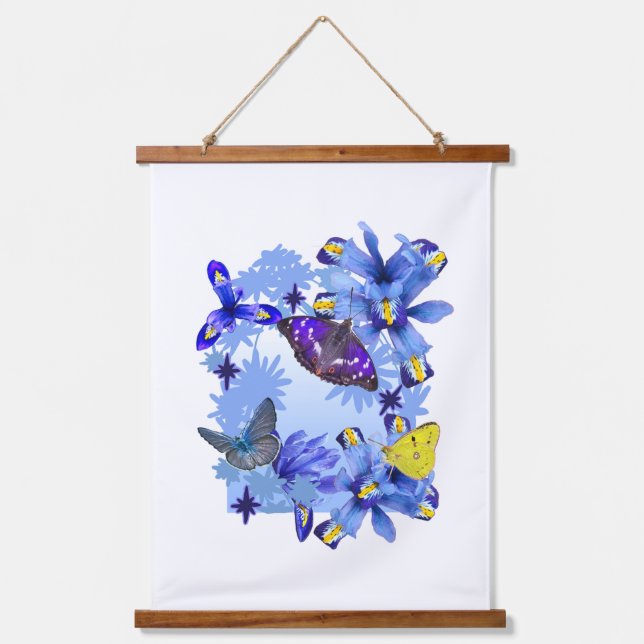 Iris-Blume mit Schmetterlingen Wandteppich Mit Holzrahmen (Vorderseite)