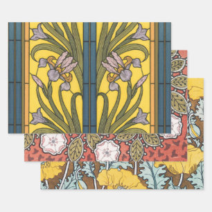 Iris-Blumen im Jugendstil Bleiglasfenster Blau Gol Geschenkpapier Set