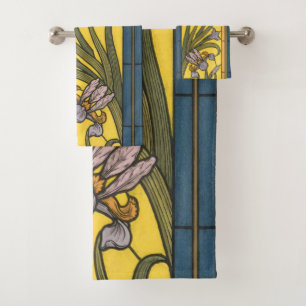 Iris-Blumen im Jugendstil Bleiverglasung Blau Gold Badhandtuch Set