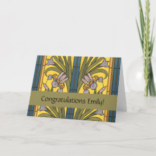 Iris-Blumen im Jugendstil Bleiverglasung Blau Gold Karte