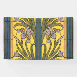 Iris-Blumen-Jugendstil-Buntglas Blau Gold Banner