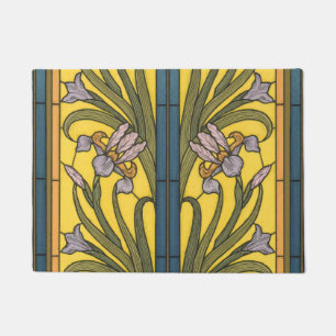 Iris-Blumen-Jugendstil-Buntglas Blau Gold Fußmatte