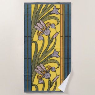 Iris-Blumen-Jugendstil-Buntglas Blau Gold Strandtuch