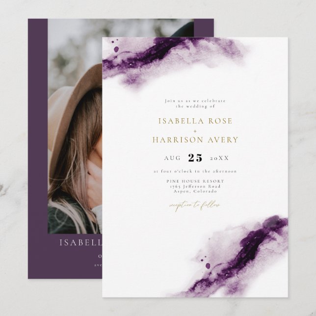 IRIS | Boho Plum Lila Gold Watercolor Wedding Einladung (Vorne/Hinten)
