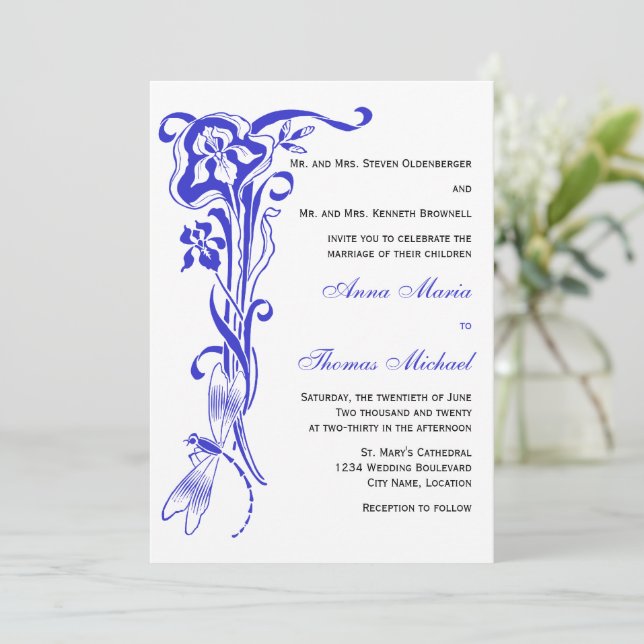 Iris & Dragonfly Royal Blue Faire-part de mariage (Debout devant)