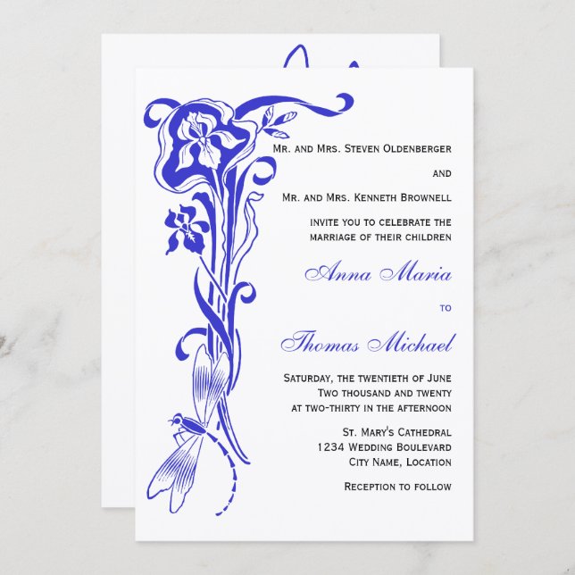 Iris & Dragonfly Royal Blue Wedding Einladung (Vorne/Hinten)