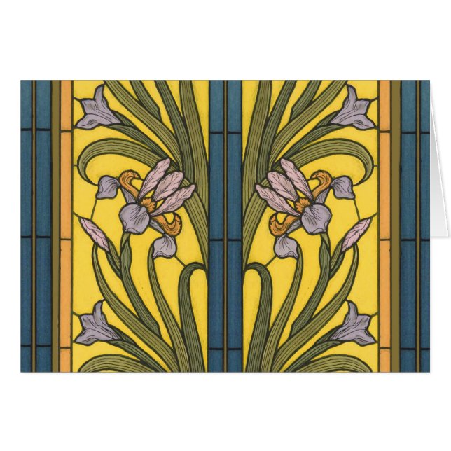 Iris Fleur Art Nouveau Vitrail Bleu Or (Devant horizontal)