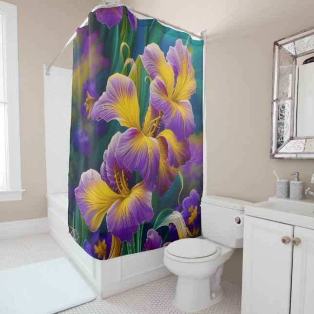 Iris Floral Lila und goldblaugrüne Blätter Duschvorhang (Beispiel)