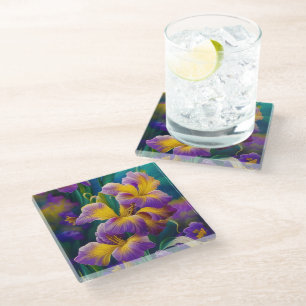 Iris Floral Lila und goldblaugrüne Blätter Glasuntersetzer