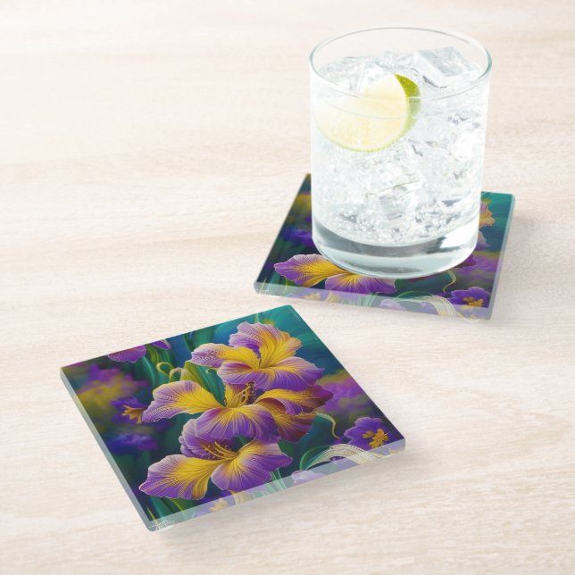 Iris Floral Lila und goldblaugrüne Blätter Glasuntersetzer (Schrägansicht)