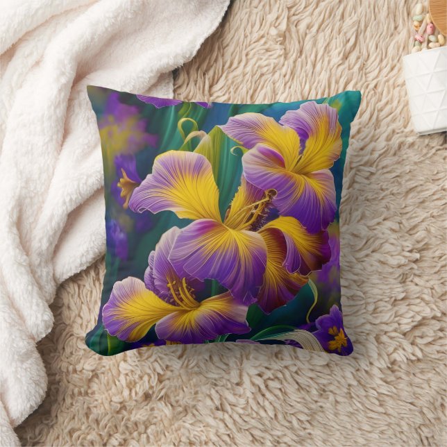 Iris Floral Lila und goldblaugrüne Blätter Kissen (Decke)