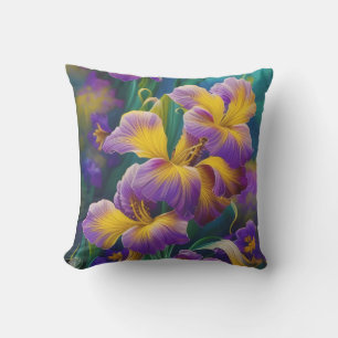 Iris Floral Lila und goldblaugrüne Blätter Kissen