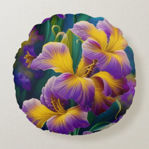 Iris Floral Lila und goldblaugrüne Blätter Rundes Kissen