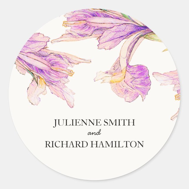 Iris Floral Moderner Botanischer Hochzeitsticker Runder Aufkleber (Vorderseite)
