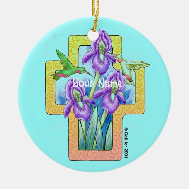 Iris Kreuz christlicher Schmuck  Keramik Ornament (Vorne)